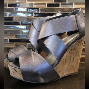 Chinese Laundry-“Dig It”-5 1/2 in cork wedge & Pewter stretchy straps..size 6.5